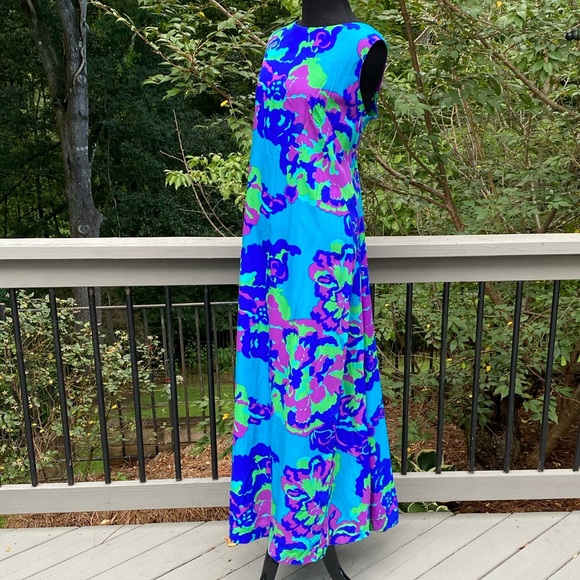 Vintage 60s 70s Psychedelic Flower Power Abstract Print Maxi Dress - Picture 2 of 12